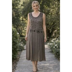 MPH Y2k Boho Grunge Mocha Dress Embroidered Long LARGE XL Rayon